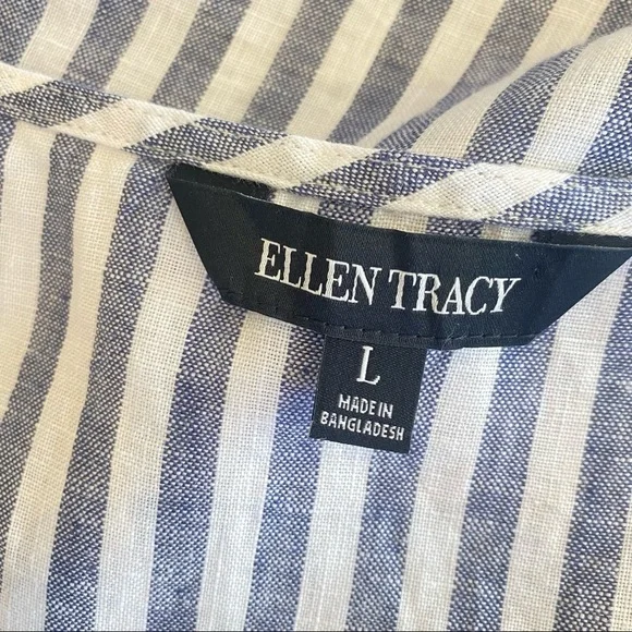 ELLEN TRACY Striped Linen Relaxed Blouse White Blue with Gold Shoulder Detail L - Picture 9 of 13